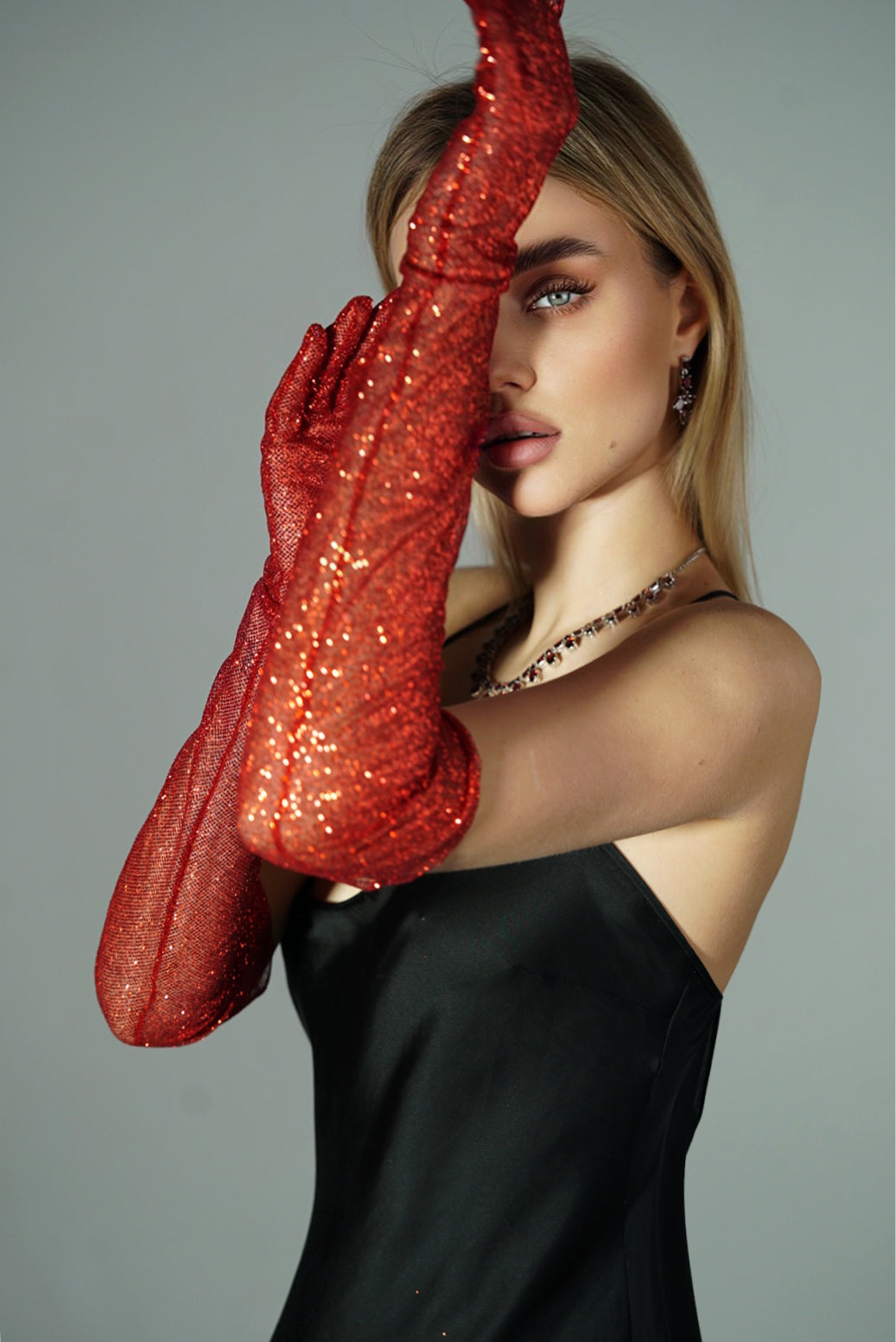 Dazzle in Crimson - Long Red Shiny Glitter Gloves