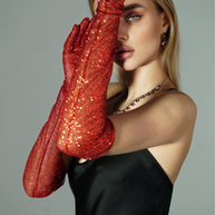 Dazzle in Crimson - Long Red Shiny Glitter Gloves