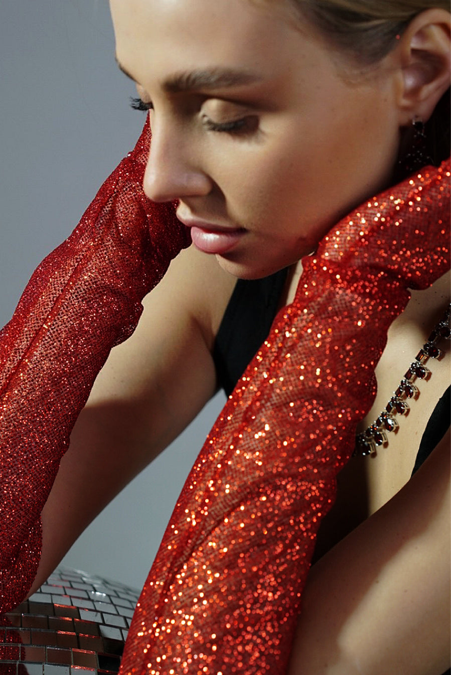 Dazzle in Crimson - Long Red Shiny Glitter Gloves