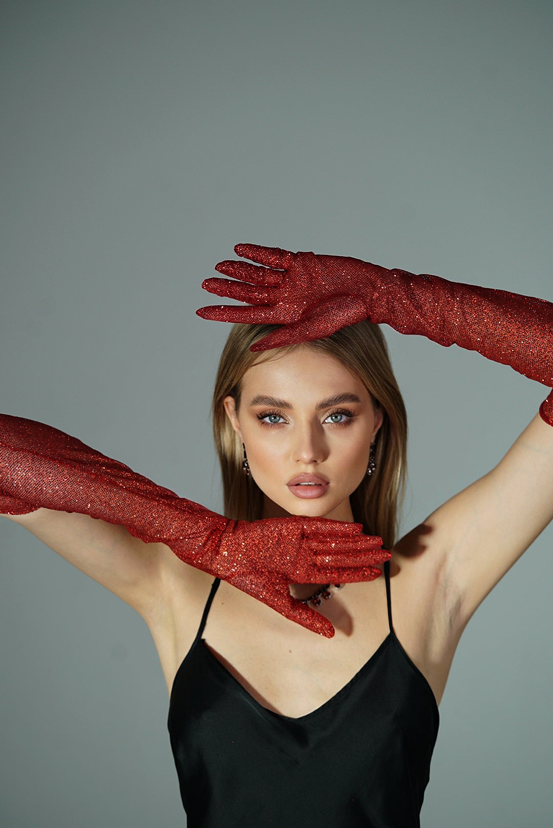 Dazzle in Crimson - Long Red Shiny Glitter Gloves