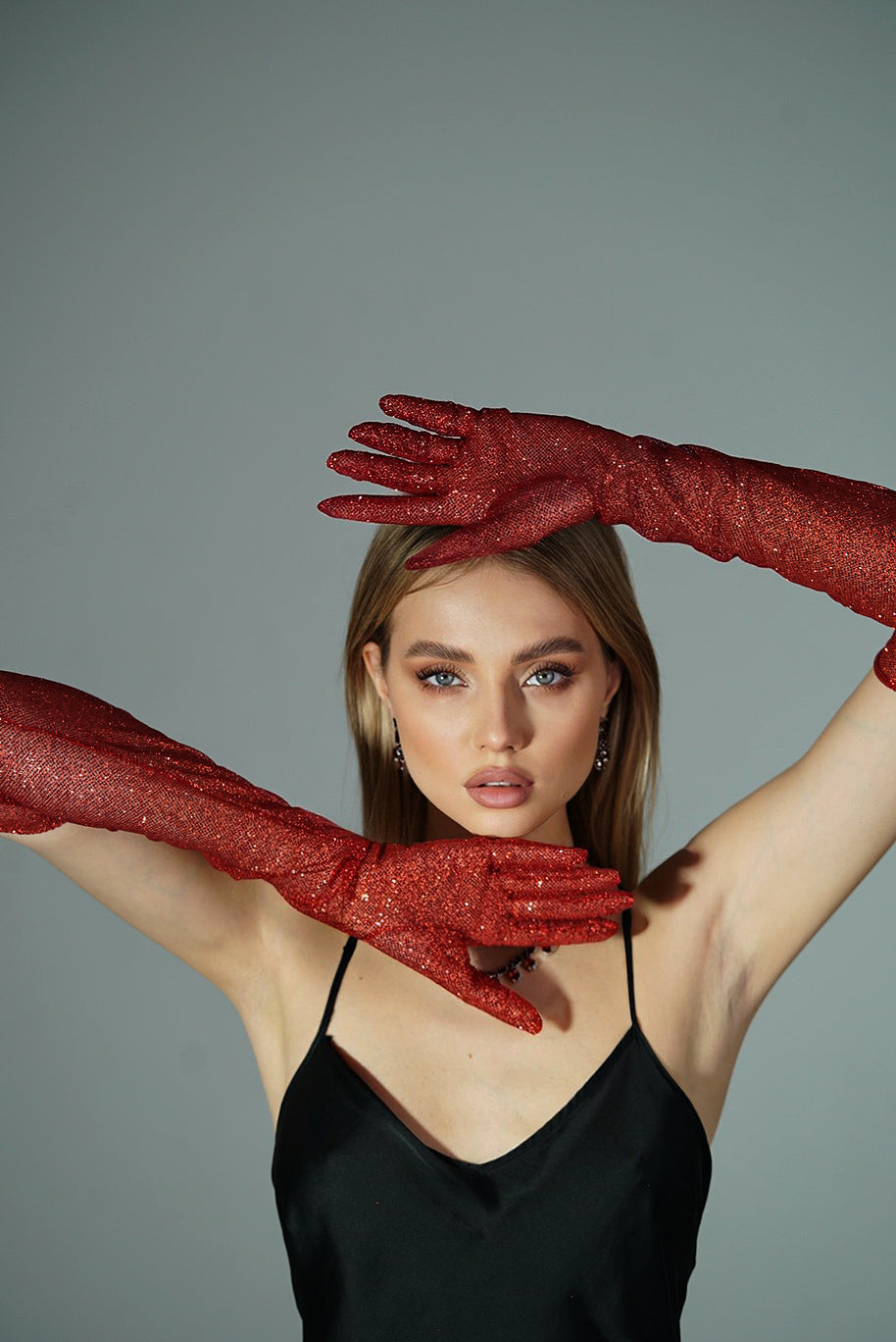 Dazzle in Crimson - Long Red Shiny Glitter Gloves