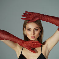 Dazzle in Crimson - Long Red Shiny Glitter Gloves
