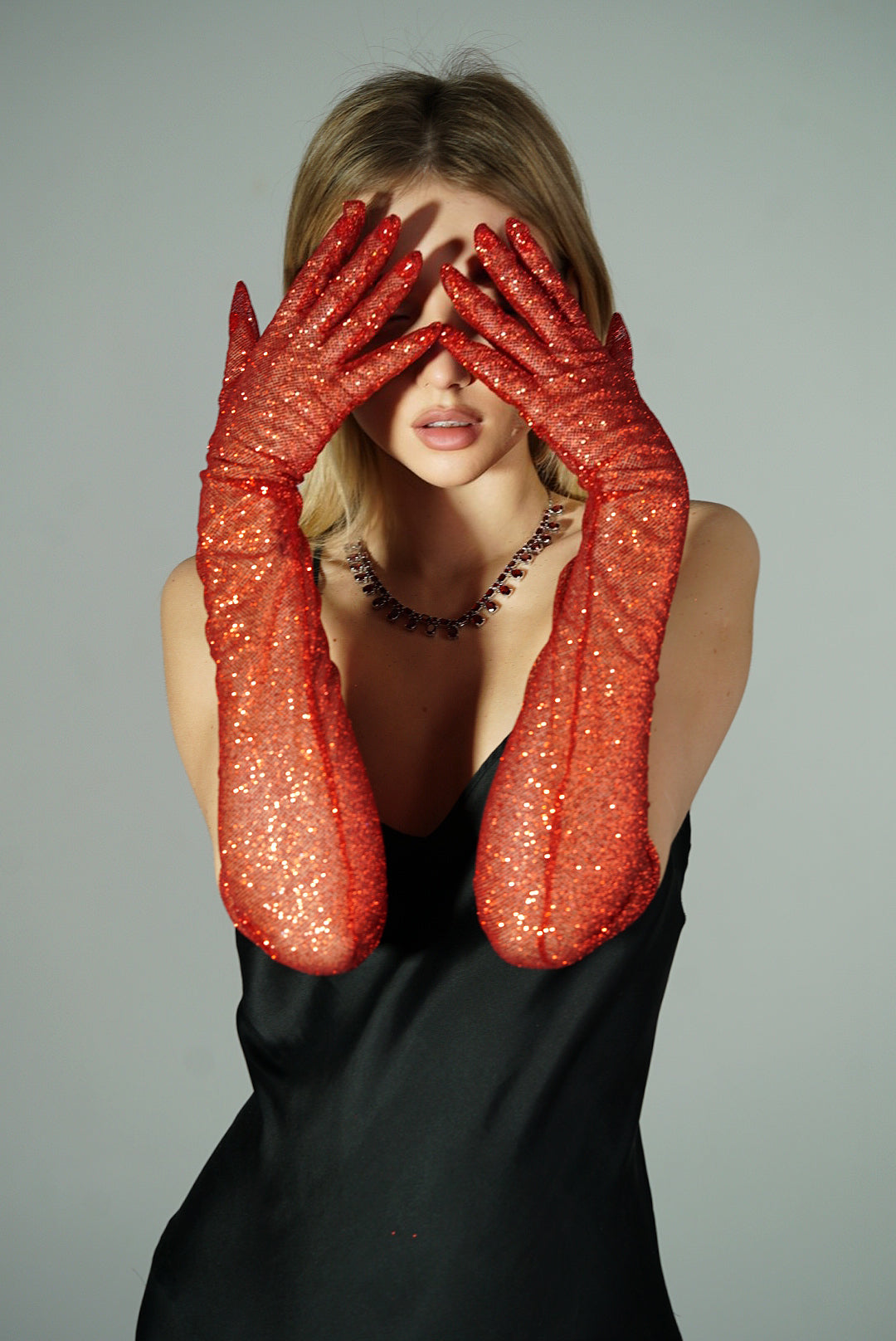 Dazzle in Crimson - Long Red Shiny Glitter Gloves