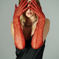 Dazzle in Crimson - Long Red Shiny Glitter Gloves