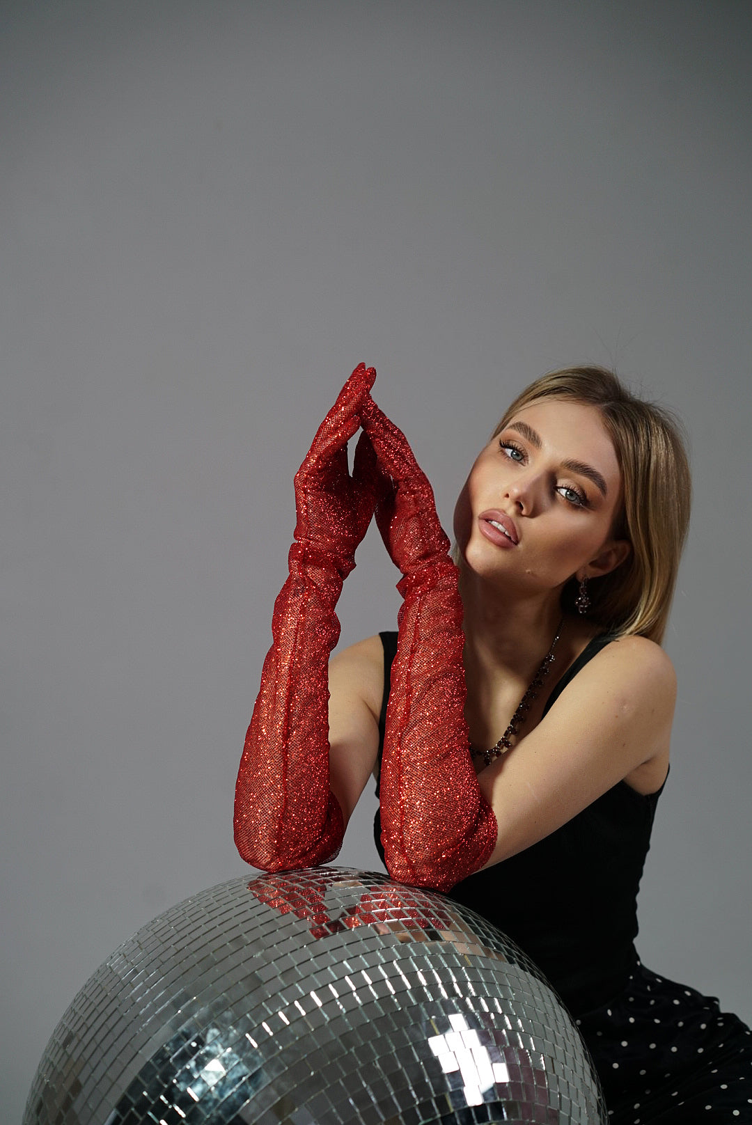 Dazzle in Crimson - Long Red Shiny Glitter Gloves