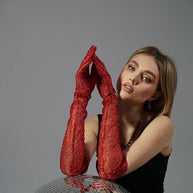 Dazzle in Crimson - Long Red Shiny Glitter Gloves