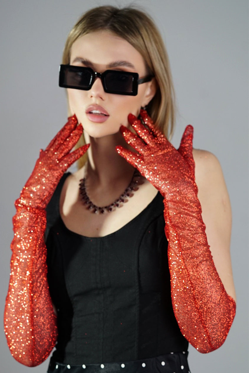 Dazzle in Crimson - Long Red Shiny Glitter Gloves