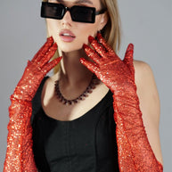 Dazzle in Crimson - Long Red Shiny Glitter Gloves