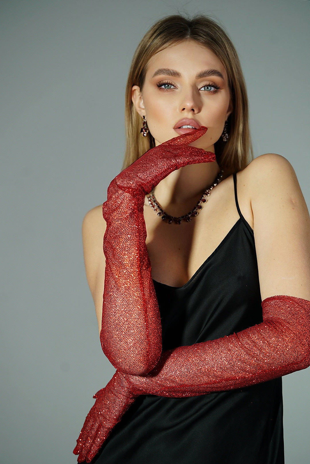 Dazzle in Crimson - Long Red Shiny Glitter Gloves