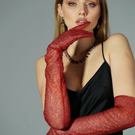 Dazzle in Crimson - Long Red Shiny Glitter Gloves