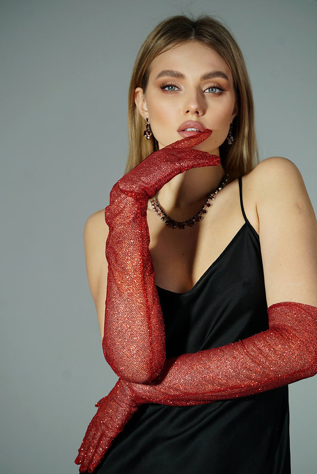 Dazzle in Crimson - Long Red Shiny Glitter Gloves