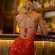 Sequin Red Evening Gown: Open Back Prom Dress