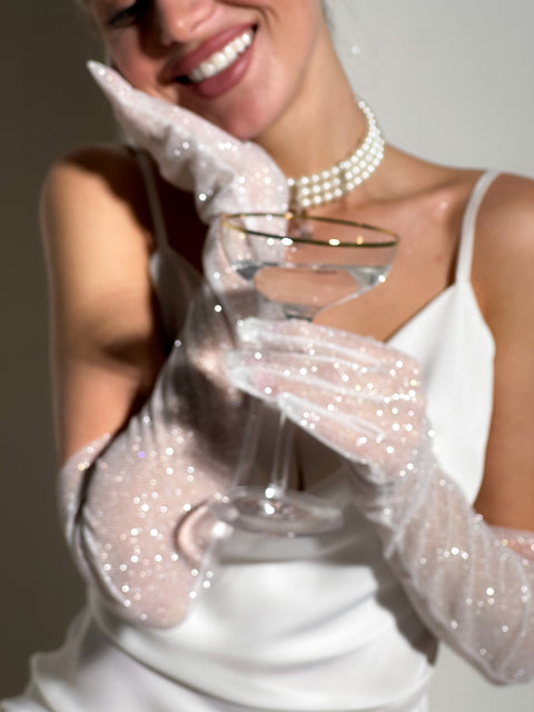 Elegant Long White Glitter Gloves