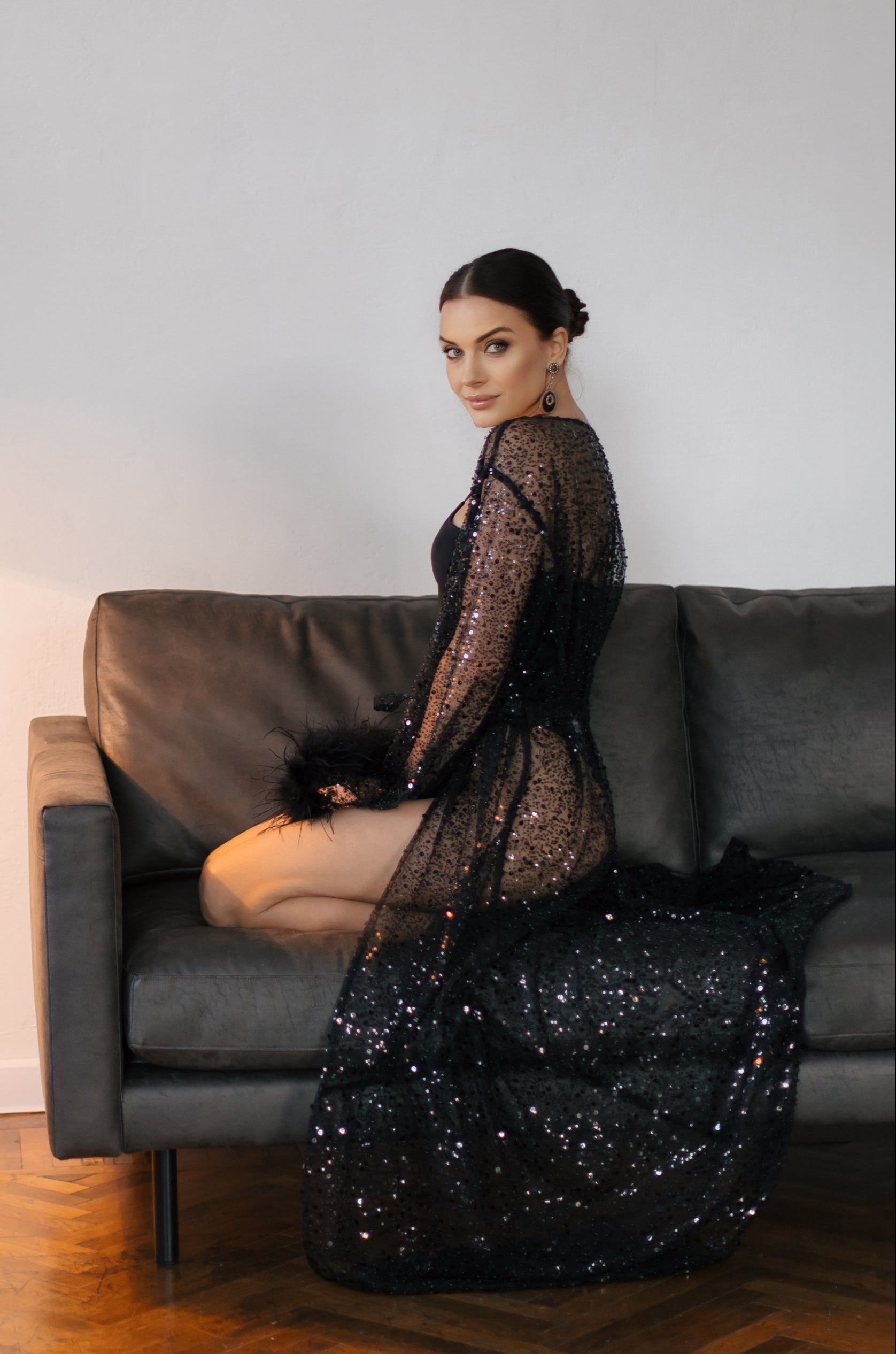 Enchanting Night - Black Sheer Robe with Beads, Sequins, and Feathered Sleeves