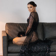 Enchanting Night - Black Sheer Robe with Beads, Sequins, and Feathered Sleeves