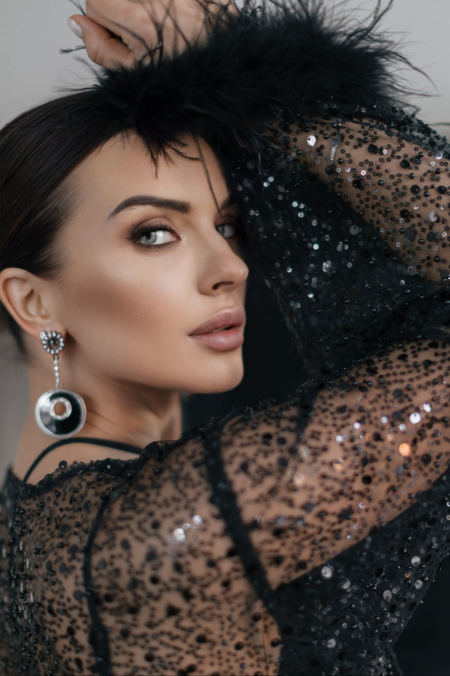 Enchanting Night - Black Sheer Robe with Beads, Sequins, and Feathered Sleeves